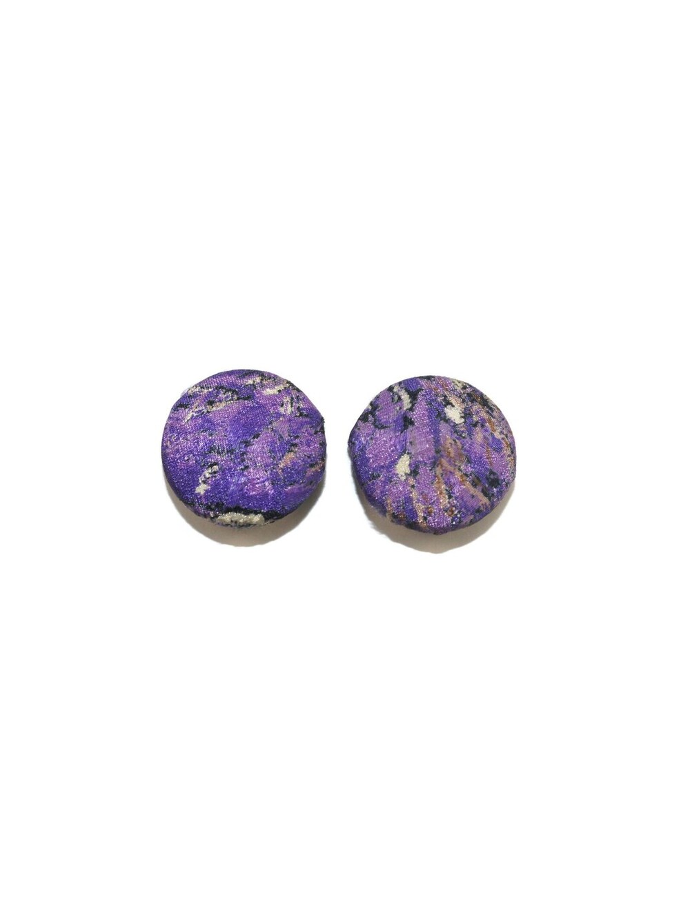 Vintage Purple, Black and White Marbled Textured Fabric Round Clip on Earrings.